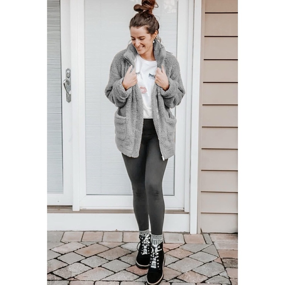 Pretty Garden Gray Full Zip Shearling Shaggy Oversized Shacket Jacket
